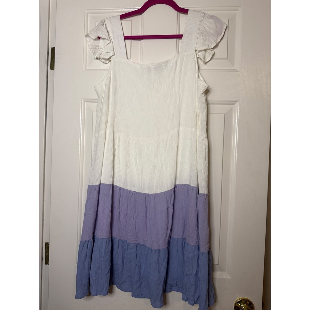 Margaux Riviera White Purple Blue Tiered Colorblock Ruffle Sleeve Mini Dress S